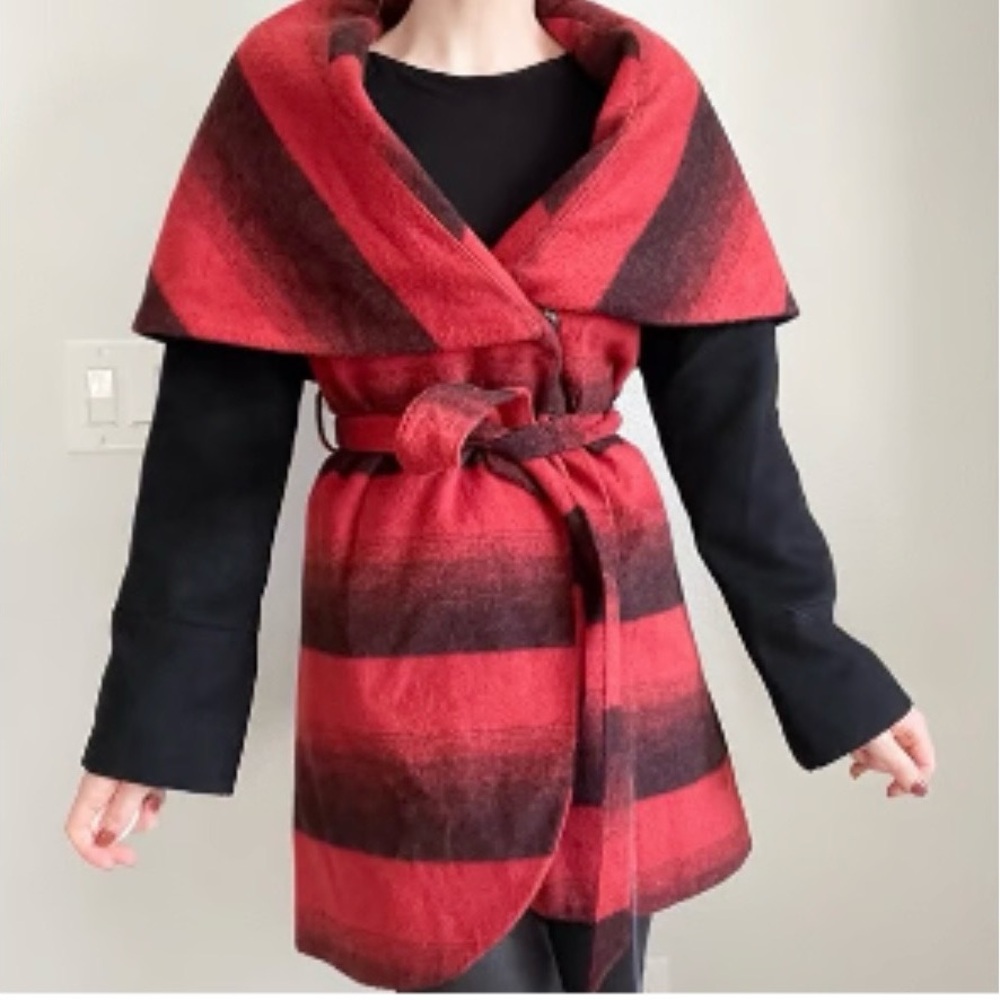 Bar III Red and Black Plaid Pea Coat